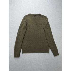 J Crew Sweater Womens Medium‎ Olive Green Cable Knit V Neck Pullover Wool Blend